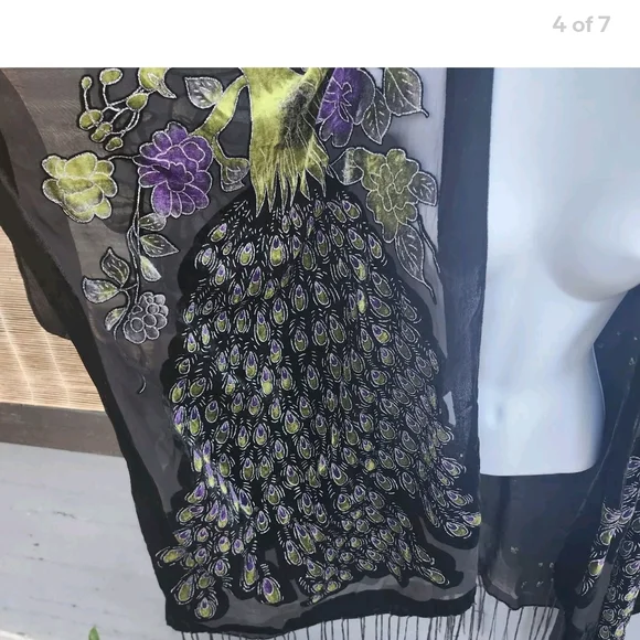 Peacock Embroidered Silk Velvet Trimmed Fringed Black Sheer Kimono